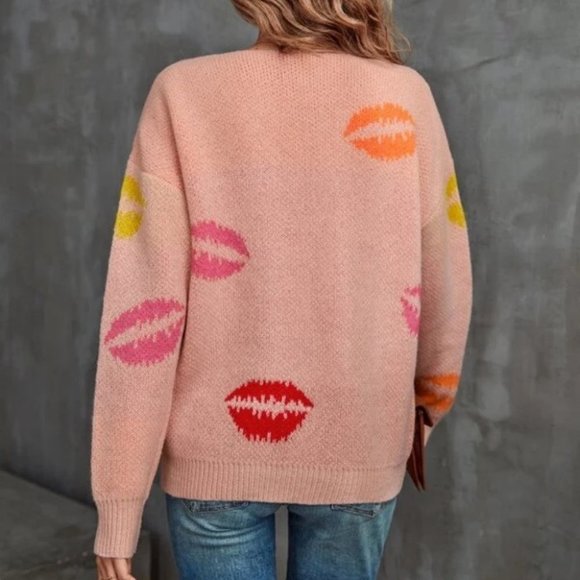 Lip Print v-neck lip Sweater top preppy contemporary Casual - Picture 6 of 7